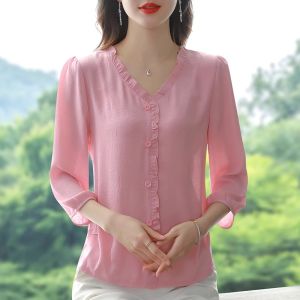 Hàng đầu cho phụ nữ Phụ nữ mùa hè Áo phông ngắn áo ngoại cỡ áo phông in hình v-cổ Bông Áo Blouse vải lanh áo in hoa
