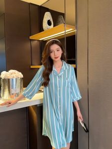 APM Short-sleeved Striped Ice Silk Nightdress New Summer Baju Tidur Wanita
