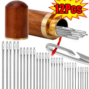 12pcs Side Hole Blind Sewing Needles Stainless Steel Elderly Quick Self-Threading Needle Stitching Pins Manual Sewing Needle Sets DIY Punch Needle Threader with Barrel