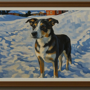 Tranh Nghệ thuật "Chú Chó Trên Tuyết Trắng 2" VIETSMART ART - Sơn dầu trên toan vải 45 x 60cm