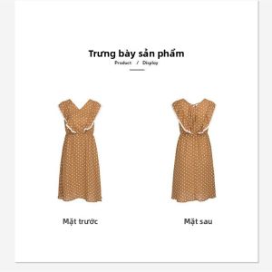 Váy Midi Kẻ Sọc Cạp Cao Phong Cách Pháp Tay Không Tay Cổ Tròn Mùa Hè Cho Nữ Chất Liệu Polyester Váy Midi Cổ Điển