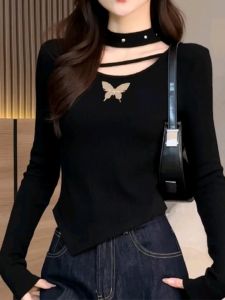 Black Asymmetrical Bows U-Neck Long-Sleeved T-Shirt Womens Spring & Fall Fancy Pure Desire Silm Shoulder Bottoming Shirt Tops