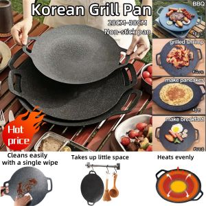 Thickened Korean round non-stick barbecue tray 28-38CM Plate Medical stone BBQ outdoor camping  grilling pan for stove Suitable For Induction Cooker Korean BBQ At Home Eat smokeless stove barbecue tray