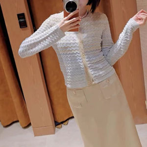 Quality Knitted Short Coat Womens round Neck Wave Stripe Gradient Color Cardigan Autumn Fashion Casual Style Long Sleeve
