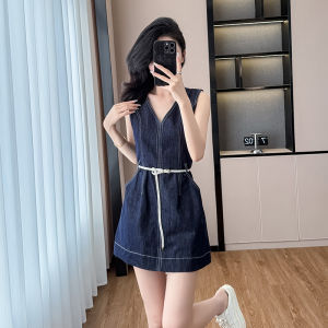 Summer 2025 Womens V-neck Sleeveless Vest Dress Denim Short Skirt Waist-cinching Slimming Skirt Casual Cotton Polyester Blend