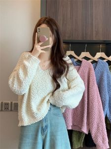 เสื้อสเวตเตอร์คอวีถักนิตติ้งแขนยาวหลวมๆ สำหรับผู้หญิงในฤดูใบไม้ร่วงและฤดูหนาว ทรงหลวมๆ สไตล์ลำลอง แขนยาว คอกลม