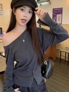 Áo Len Dệt Kim Tay Dài Không Đều Vai Cổ Chữ V Dáng Ôm Chất Liệu Cotton Mặc Mùa Thu Phong Cách Hàn Quốc Mặc Trong