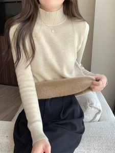 Mock Neck Sweater Womens Autumn and Winter New Arrival Single-Layer Fleece-Lined Inner Bottoming Shirt Fleece-lined Thickened Sweater Heattech Tops