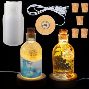 Drift Bottle Light Resin Mold Set Led Light Cover Silicone Resin Mold with a Usb-Powered Wooden Lighting Base and Five Wooden Cork Stoppers Suitable for DIY Desktop Crafts Parties Weddings Table Lamps and Home Decoration Furnishing and Atmospher...