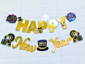 Welcome 2026 HAPPY NEW YEAR theme Gold stamp Fireworks Gift Box Gentlemans hat party decorations cardboard flag banner