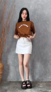 QUEENTIN Kaos Wanita Crop Karet 0764 Combed Spandex Polos Lengan Pendek