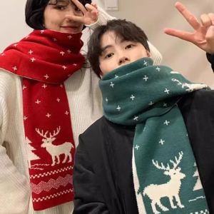 Christmas Scarf Women Men Winter Knitted Thicken Deer Elk Snowflake Printed Big Shawl Red Double-sided Fashion Neckerchiefs