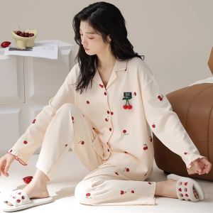 Miiow | Cat Lady Pure Cotton Sleepwear Long Sleeve Set Spring Autumn Cute Outerwear Cardigan Home Clothes Womens Fashion Comfortable