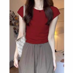 Korean Style round Neck Short Sleeve Ice Silk Knitted T-shirt Womens Summer New Arrival Small Elegant Slim-Fit Crop-Top