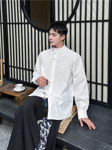 Retro Chinese Style Long Sleeve Shirt Men Versatile High End Lightweight Luxury Fashionable Stand Collar Button Decorative Tassel