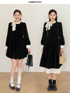 Alice Princess Style Velvet Dress with Satin Collar Patchwork Elegant Ladylike Feel Long Sleeve Winter Fashion Womens Dress