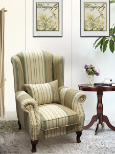 American Style Wingback Chair Single Striped Fabric Craft Sofa Mediterranean Pastoral Style Living Room and Hotel High Back Chair Tiger Stool