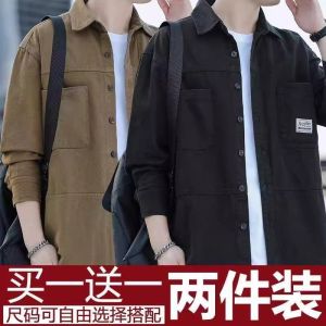 Loose Casual Long Sleeve Mens Shirt American Retro Style for Spring Autumn Workwear Ameika Khaki Jacket Polyester Fiber