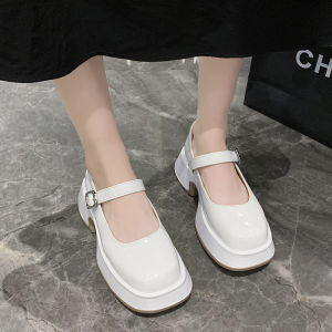 IELGY womens all-match small leather shoes with square toe thick bottom retro height-increasing loafers