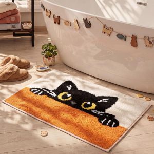 VIKAMA Peeking Black Cat Fluffy Bath Mat Cute Tuxedo Kitty Non Slip Water Absorbent Cream Bedroom Bathroom Entry Decor Rug