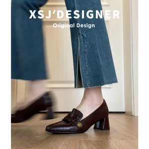 LIQIXIEFANG | Genuine Leather Vintage British Style Womens Loafers Block Heel Square Toe Slip-Ons