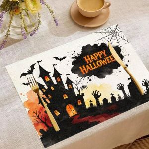 VIKAMA 2/4/6pcs Halloween Placemat Boo Letter Owl Pumpkin Ghost Bat Spider Web Striped Placemat Spooky Dining Table Decoration