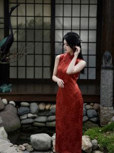 New Chinese Style Red Dress Neck Hanging Long Sleeve Qipao Dress for Toasts Renovated Traditional Cheongsam Evening Gown