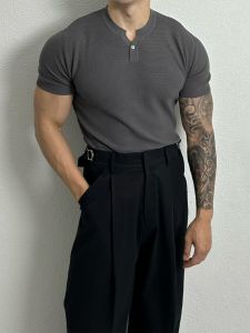 Slim Fit Short Sleeve T-Shirt Mens 2023 New Korean Style Casual Simple Versatile Body Shirt Henry Collar Youth Popular Summer