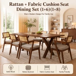 Familystar2u Rattan Dining Set Fabric Cushion Seat Wood For Family Cafe Pantry Hotel Homestay Condo Meja Makan 1213+7004