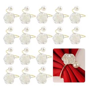 10PC Valentines Day Wedding Pearl Napkin Clasp Roses Creative Round Pearl Napkin Rings for Restaurant Family Table Decoration