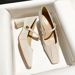 รองเท้าส้นสูง Mary Janes สำหรับผู้หญิง ทรงหัวเหลี่ยม หนังนิ่ม สีขาวทอง ทรงหัวเหลี่ยม ส้นสูง รองเท้าแฟชั่นสำหรับผู้หญิง