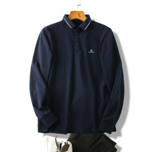 เสื้อโปโลคอตตอนแท้สำหรับผู้ชาย ทรงหลวม สไตล์ลำลอง แขนยาว ปกเสื้อ แฟชั่นฤดูใบไม้ร่วง เสื้อยืดคอกลม ผ้าฝ้ายแท้