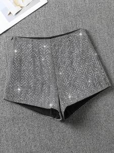 Grey Woolen Short Pants Womens Winter Heavy-duty Rhinestone High-waist Bootcut Pants Casual All-match A-line Wide-leg Pants