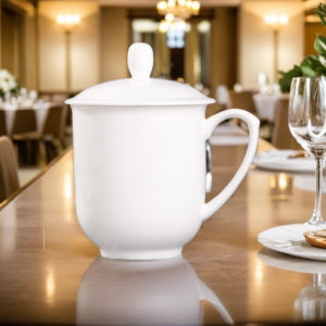 New White Ceramic Tea Cup with Lid Logo