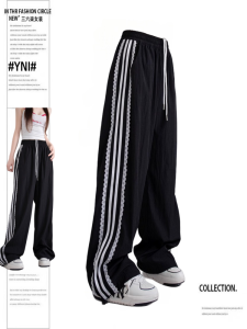 American Style High Waist Straight Leg Thin Wide Leg Pants Women Summer Quick Dry Sporty Stripe Pattern Lace Edge Casual Trousers