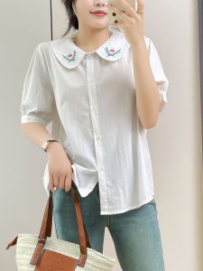 Sainag Cotton Doll Collar Short Sleeve Shirt for Women Loose Fit Casual Sweet Top Doll Clothing Regular Paragraph Length