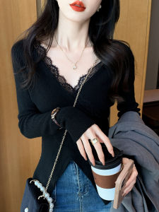 Black V-Neck Knitted Base Shirt Womens Fashionable Lace Splice Sweater Unique Cross Inner Wear Top Princess Style Long Sleeve