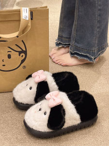 Confinement Cotton Slippers Womens Winter Wear Cute Bows Puppy Interior Home Heattech Plush Bag Heel Cotton-Padded Shoes