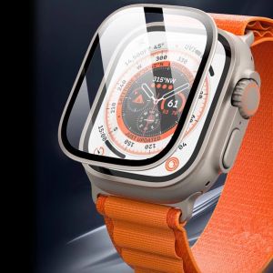 2in1 Aluminium Alloy Bezel Frame Edge Bumper Compatible with Apple Watch Ultra 49mm 9H Tempered Glass Full Coverage Screen Protector Film For i Watch Ultra