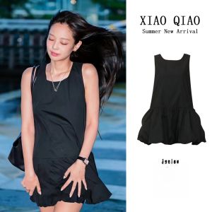 Jennie Black Hepburn Style Sleeveless Vest Dress Women Summer Mini Puffy Short Skirt Gown round Neck Zipper Closure Single Piece