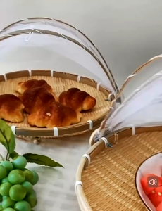 【K-Home】Natural Hand-Woven Bamboo Tent Basket | Food Serving Dustproof Round Picnic Basket | Serving Tray