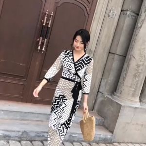 NUNA Women Floral V-neck Maxi Dress Lace-up Wrap Long Dresses Casual Lengan