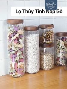 Hũ Lọ Thủy Tinh Borosilicate Nắp Gỗ Phẳng Nắp Ấn Đựng Trà Cà Phê Thực Phẩm Đồ Khô 350-1600ml