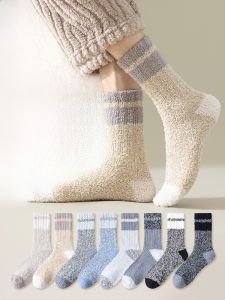 JINGCHI | Tất ấm Coral Fleece dày đến giữa bắp chân cho nam mùa thu đông Tất đi trong nhà Tất ngủ dài màu tương phản giữ ấm