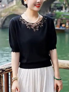 QINGNAER | Lace Crochet Hollow Neck Short Sleeve Slim T-Shirt