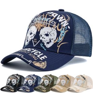 Hot Sale Puck Style Cap Double Skull Embroidery Trucker Hat For Men Woman Breathable Mesh Cap Motorcycle Outdoor Baseball Cap