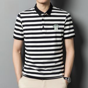 ROMON | Lomond Mens Short Sleeve T-Shirt Summer Thin Casual Striped Ice Silk Band Collar Loose Polo Shirt Fashion Urban Style Business Wind