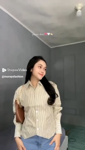 ( Diskon 5rb ) Sharpy Kemeja Blouse Atasan Stripe Lengan Panjang Kekinian Linen Katun Salur