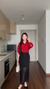 Chân váy tơ lót cao dáng suông HeraDG thiết kế diêu chỉ túi sườn có xẻ trước hɑck chân chất liệu tơ cao cấp SJPBF2012