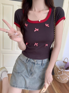 Summer Slim Fit U-Neck Short Sleeve T-Shirt for Women with Color Block Design Creative Style Regular Thickness